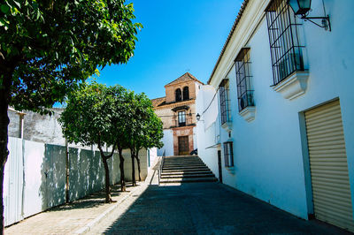 Footpath amidst buildings against blue sky