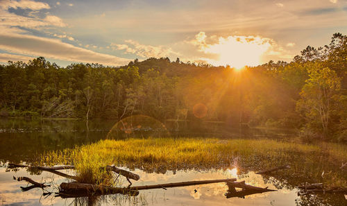 Scenic view of lake against sky during sunset