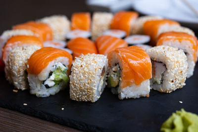 Close-up of sushi in plate on table