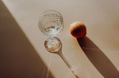 High angle view of glass on table