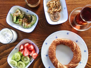 High angle view of breakfast on table