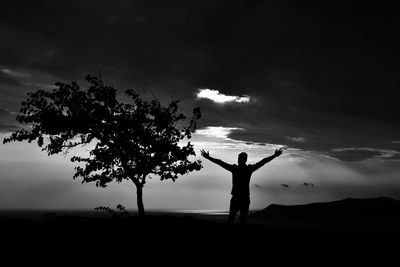 Silhouette person standing by tree on field against sky during sunset