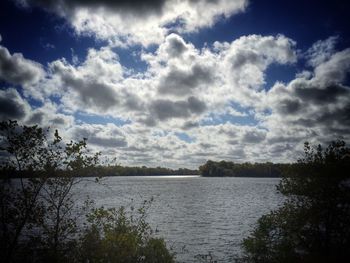 Scenic view of lake against cloudy sky