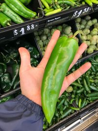 High angle view of hand holding vegetables in market