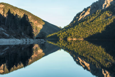 Reflection of trees in lake against sky