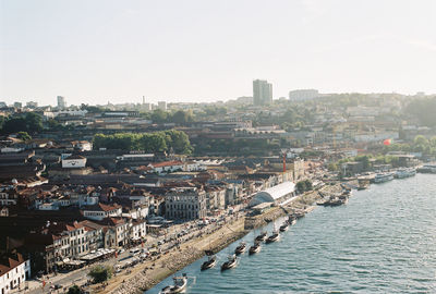 High angle view of river by buildings against clear sky