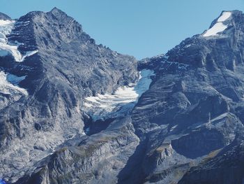 Scenic view of snowcapped mountains against clear sky