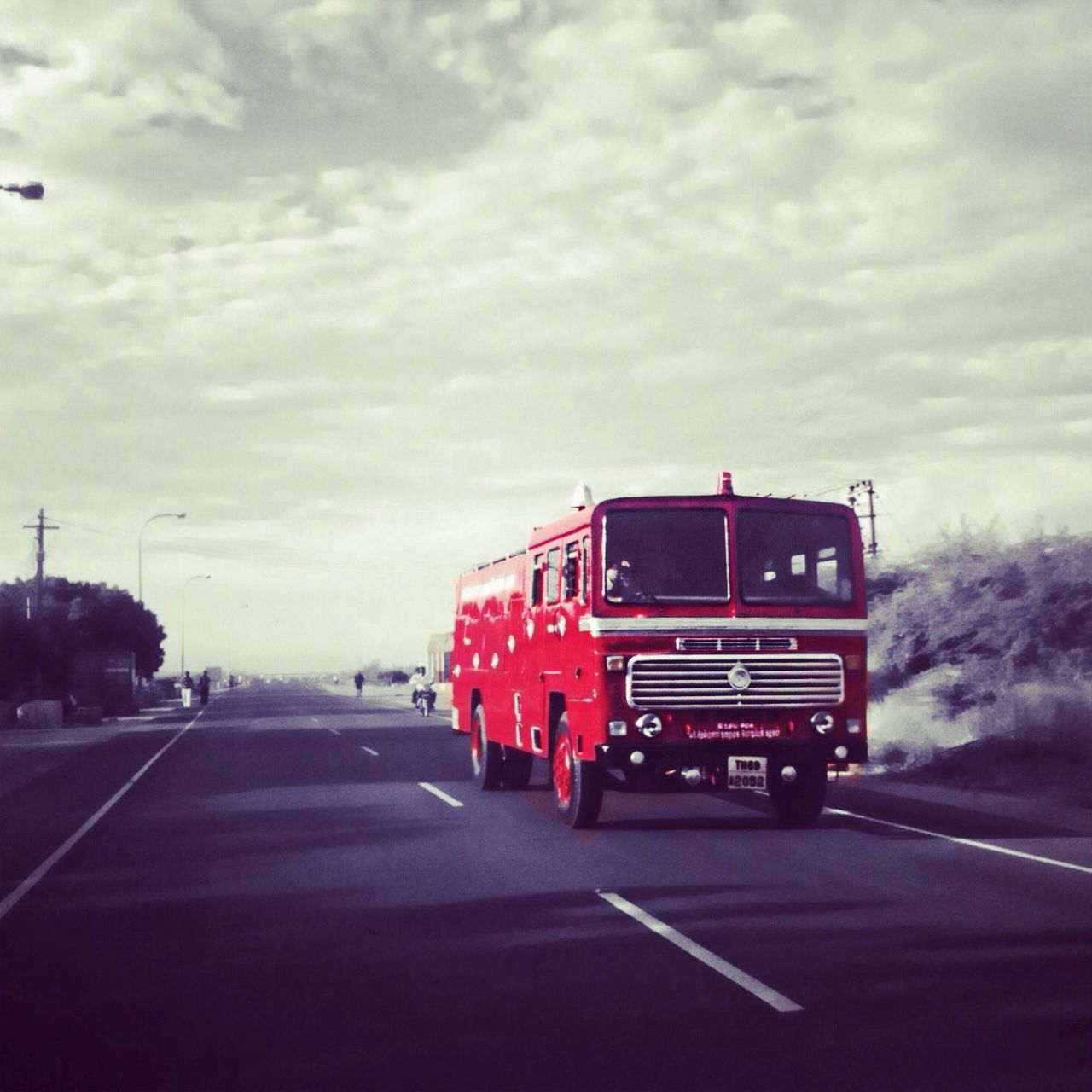 transportation, road, mode of transport, land vehicle, car, road marking, sky, the way forward, cloud - sky, on the move, red, travel, cloudy, street, diminishing perspective, highway, road sign, journey, vanishing point, cloud