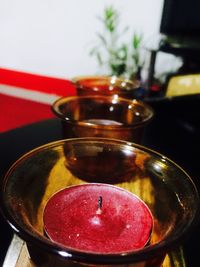 Close-up of red juice in bowl on table