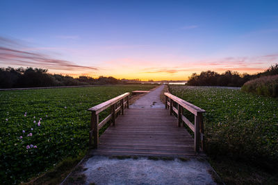 Empty footpath amidst field against sky during sunset