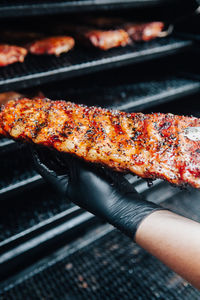 Close-up of meat on barbecue grill