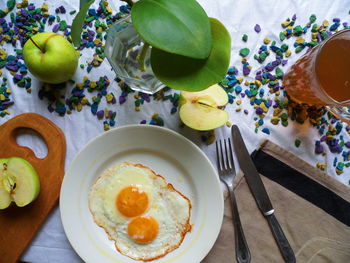 High angle view of breakfast on table