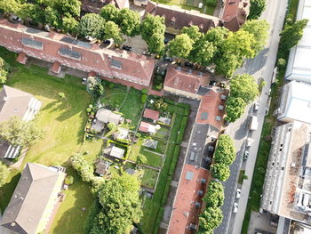 High angle view of street amidst buildings in city