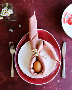 High angle view of food in plate on table