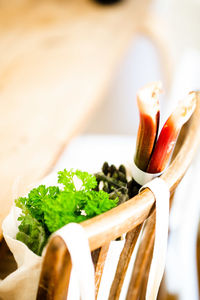 High angle view of vegetables in bowl on table