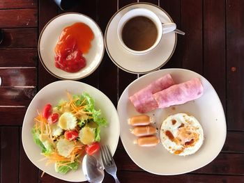 High angle view of breakfast served on table