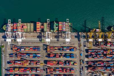 Stack of multi colored containers box and containers ship top view 