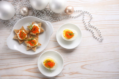 High angle view of breakfast served on table