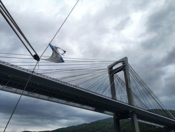 Low angle view of suspension bridge against sky