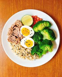 High angle view of breakfast served on table