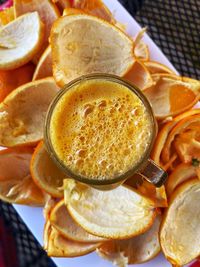 High angle view of juice in glass on table