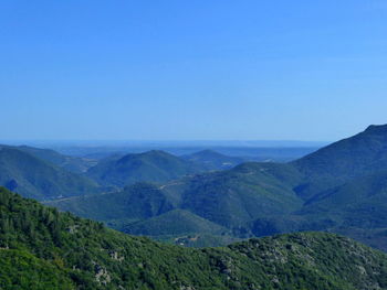 Scenic view of mountains against clear blue sky