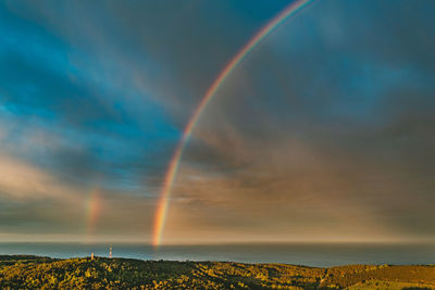 Scenic view of rainbow over field against sky