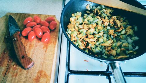 High angle view of chopped vegetables on cutting board