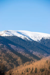 Scenic view of snowcapped mountains against clear sky