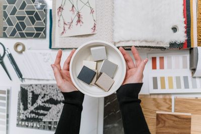 High angle view of woman working on table