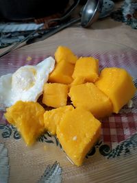 High angle view of dessert in plate on table