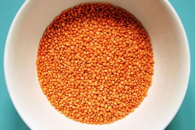 High angle view of lentils in bowl