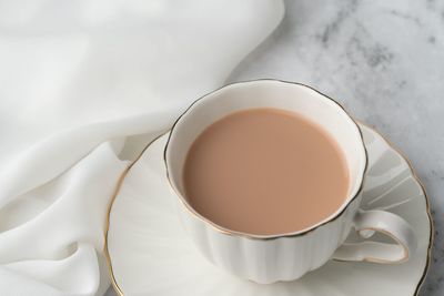 High angle view of tea cup on table