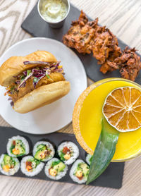 High angle view of food served on table