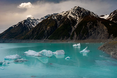 Scenic view of frozen lake against mountain range