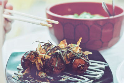 Close-up of noodles in bowl on table