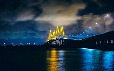 Illuminated suspension bridge at night