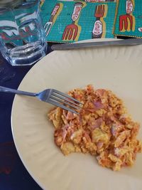 High angle view of meat in plate on table