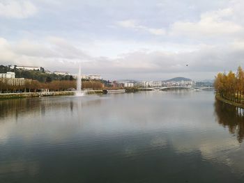 Scenic view of lake by buildings against sky