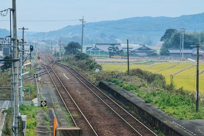 High angle view of railroad tracks against sky