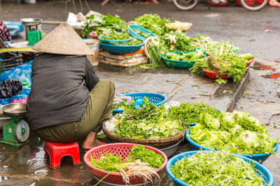 High angle view of boy picking vegetables for sale