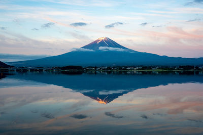 Scenic view of lake by snowcapped mountains against sky during sunset