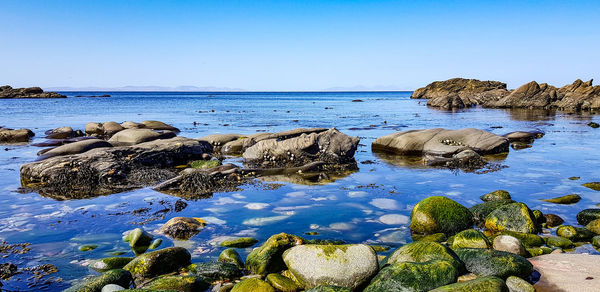 Rocks on beach against clear blue sky