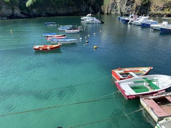 High angle view of fishing boats moored in lake