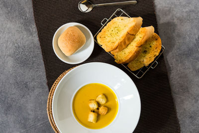 High angle view of breakfast served on table