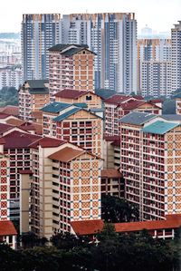 High angle view of buildings in city