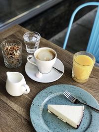 High angle view of breakfast served on table