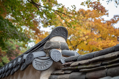 Low angle view of statue against trees