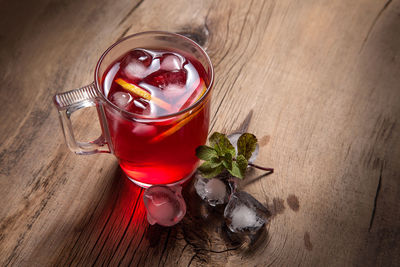 High angle view of drink on table