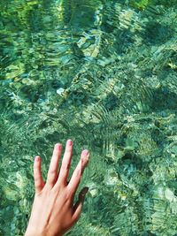 High angle view of hand by sea